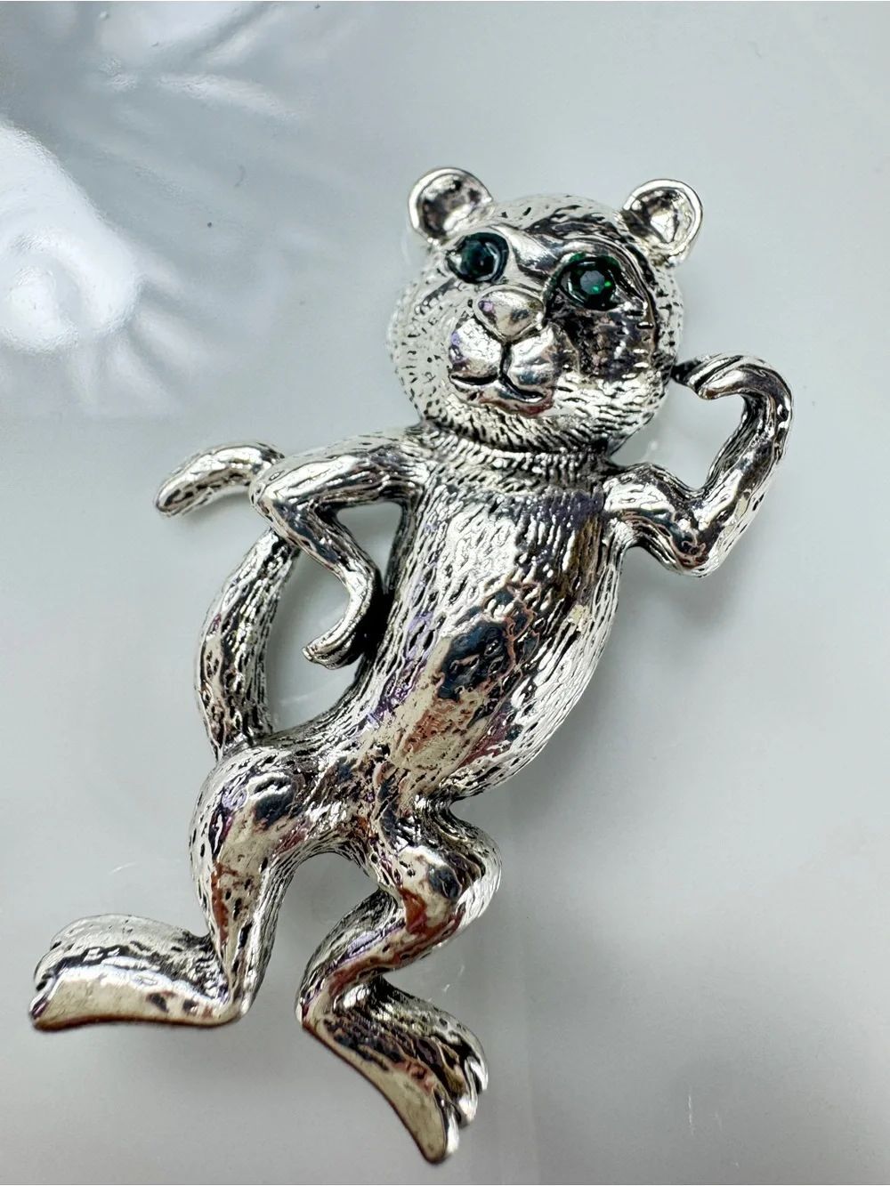Silver-tone Cat Brooch with Green Eye Accents